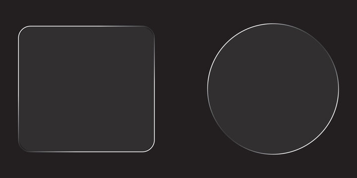 3D square and round buttons in the liquid glass style. Modern web user interface element for ui ux design. Transparent frames and buttons. Vector illustration.