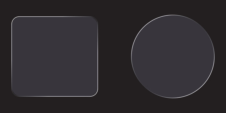 3D square and round buttons in the liquid glass style. Modern web user interface element for ui ux design. Transparent frames and buttons. Vector illustration.