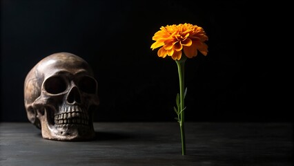 Human Skull Beside A Bright Orange Flower In Dramatic Lighting With Dark Background