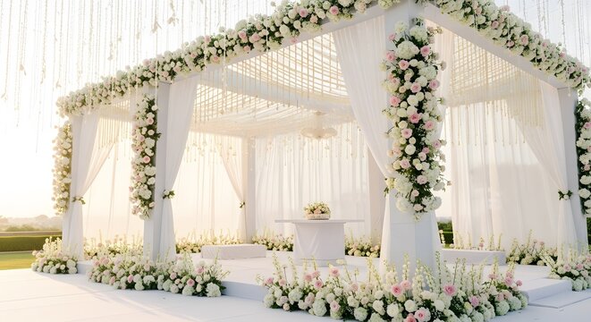 Luxurious white wedding mandap decorated with pink and white ros