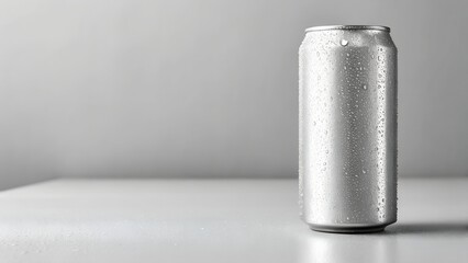 Silver Aluminum Can Covered in Water Droplets on White Surface with Soft Gray Background