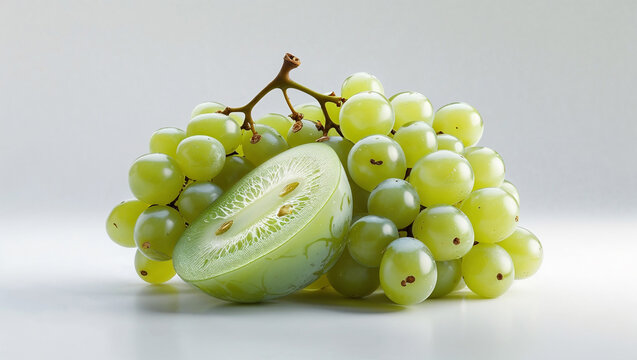 Wide format premium grapes opened to reveal juicy texture centered on bright white background realistic 3D food illustration.