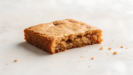 Square Blond Brownie With Golden Crust and Crumbs on Light Marble Surface