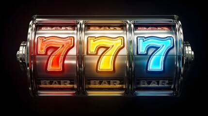 Close-up of a classic slot machine with three lucky sevens illuminated against a dark background.