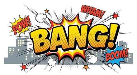Comic book explosion with the word BANG and other sound effects.