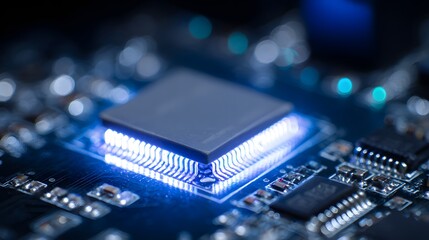 Close-up of a glowing computer processor on a circuit board, technology concept.