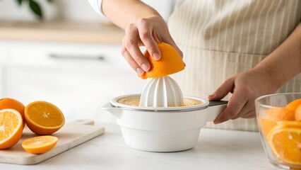 Woman Making Fresh Orange Juice With Citrus Juicer in Bright Kitchen Natural Light