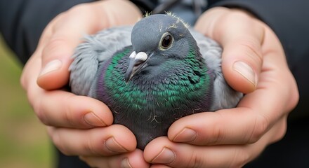 Pigeon held gently in human hands, close up view.