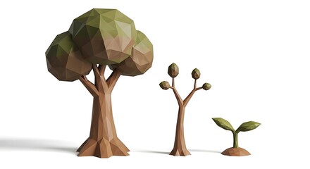 Low Poly Tree Growth Stages - From Seedling to Mature Tree on White Background.