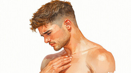 Naklejka premium Watercolor half body adult man expressing sadness with lowered gaze, hand on chest, emotional portrait on white background
