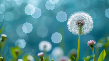 Beautiful puffy dandelion and flying seeds against blue sky on sunny day.