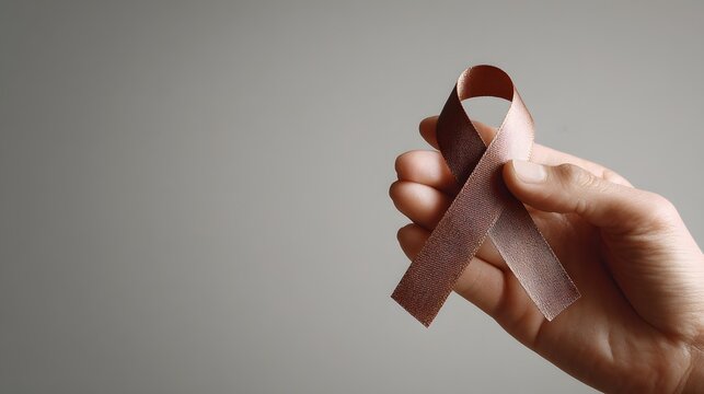 Close-up of a hand holding a pink ribbon, symbolizing breast cancer awareness. - Powered by Adobe