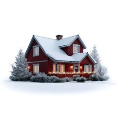 Red Scandinavian house with Christmas lights and snow on white background