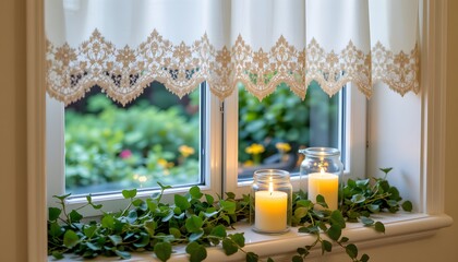 Lace curtain edge over a sill of frosted ivy and candle jars
