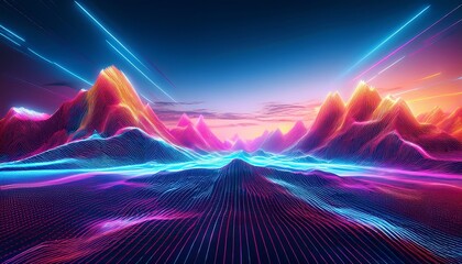 Abstract Neon Landscape Depicting A Digital Mountain Range With Vibrant Colors
