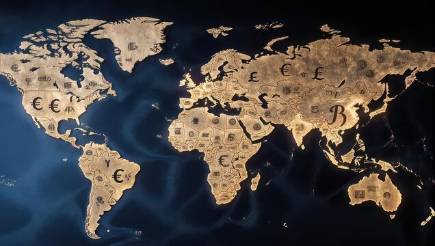 World Map with Currency Symbols Representing Global Finance and Economics.