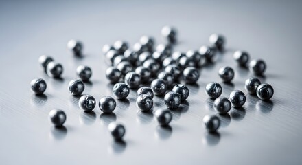 A Pile of Small, Shiny Metal Ball Bearings Scattered on a Gray Surface.