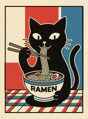 black cat eating ramen with chopsticks