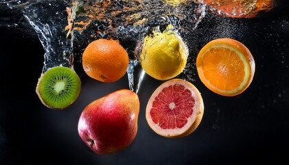 vibrant fruits sliced and whole suspended in mid air with water splashes against dark backdrop