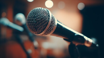 Close-up of a microphone on stage, ready for a performance, capturing the essence of live music.