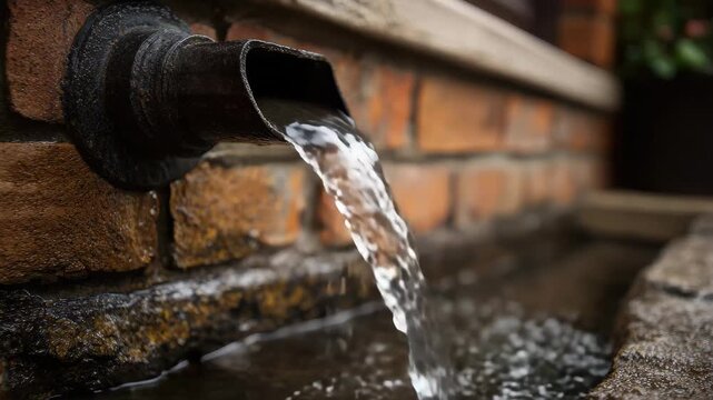 Water flows from a pipe into a small puddle near brick wall during daytime in a residential area