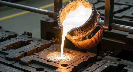 Molten Metal Pouring into Foundry Mold for Industrial Casting Process.
