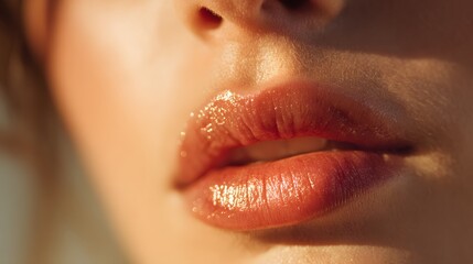 Close-up of a persons lips, showcasing glossy, hydrated, and healthy skin, with a focus on beauty and skincare.