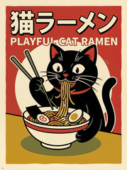 black cat eating ramen with chopsticks