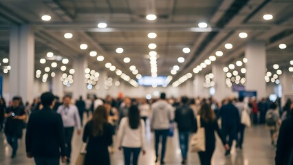 Crowded convention center or airport terminal with people walking