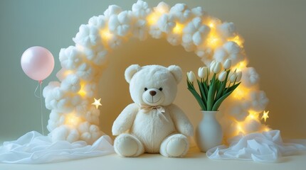 Adorable teddy bear sitting under a dreamy cloud arch with tulips and a balloon