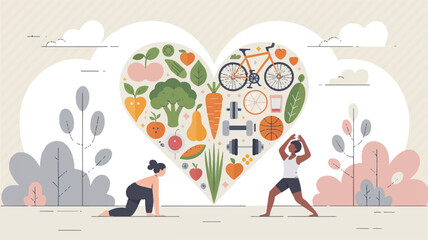 A professional business man and woman team celebrates success as a green nature concept illustration featuring silhouettes of people and a blue world map vector