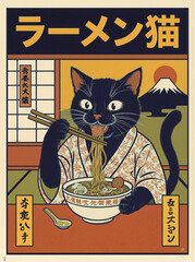 black cat eating ramen with chopsticks