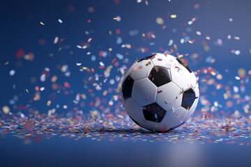Naklejka premium A soccer ball sits on a field covered in colorful confetti against a blue background