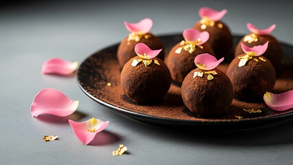 Chocolate cake with pink orchid and candle on a plate