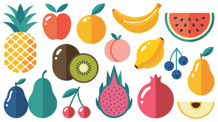 A fresh collection of vector illustrations featuring a healthy set of fruits and vegetables including apple, strawberry, banana, orange, and watermelon icons