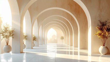 The ancient stone columns and gothic arches of the cathedral of Cordoba in Spain create a historic interior corridor where light reflects off the medieval architecture of this religious building