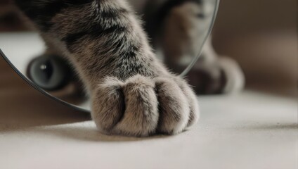 Close-up of a Gray Cats Paw on a White Surface.