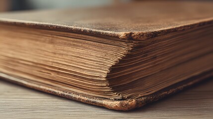 Close-up of an old, weathered book with aged pages on a wooden surface.
