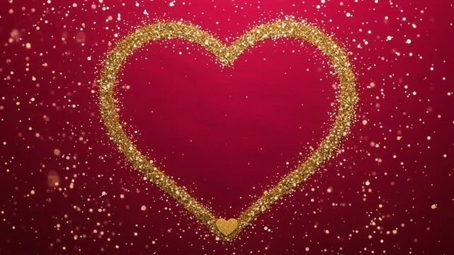 Lujoso coraz&oacute;n grande de oro texturizado y purpurina sobre fondo p&uacute;rpura intenso. Un peque&ntilde;o coraz&oacute;n dorado pulido cuelga en el centro rodeado de confeti brillante y destellos de luz.
