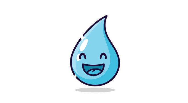 Cheerful and cute cartoon water drop character with a big, happy, laughing expression, isolated on a white background, representing hydration and fun.