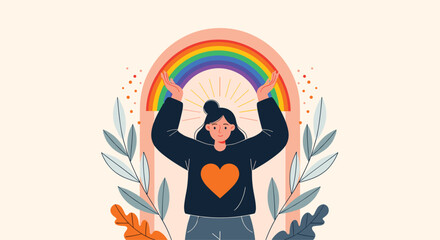 Happy young woman with a heart on her sweater, raising her hands to a vibrant rainbow, symbolizing hope, pride, and positivity.