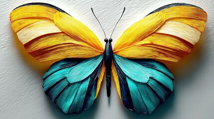 Minimal overhead black-yellow-blue butterfly on pure white, high contrast wing veins, top copy space for brand tagline, eco NGO cover or sustainable-fashion ad, high-res