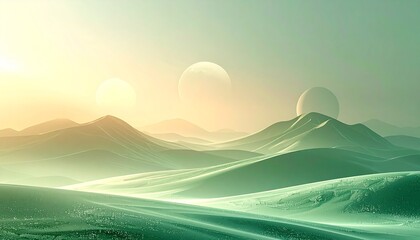 A vibrant orange sun rises and sets over a spring mountain landscape where green grass and summer meadows meet the horizon under a cloudy sky