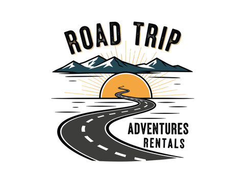 Vintage road trip logo featuring a winding highway leading towards a sunset behind mountains, with text 'ROAD TRIP ADVENTURES RENTALS'.