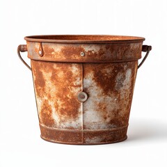 Rustic metal bucket with weathered rust-colored finish on white background