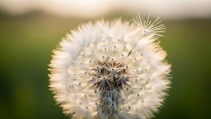 Dandelion seed head closeup in a green field
