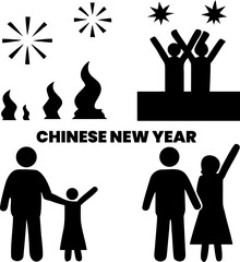 Chinese new year symbols and people celebrating, fire effects, fireworks, triumphant figures on pedestal, and families with children enjoying holiday