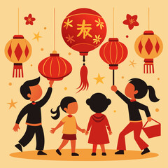 Happy children holding colorful traditional chinese lanterns celebrating festive asian lunar new year springtime holiday event