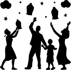 Family silhouettes celebrating outdoor event releasing sky lanterns under stars with joyful raised hands and festive atmosphere