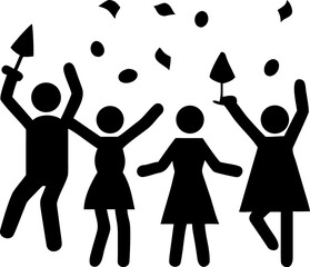 Silhouettes of four people dancing joyfully surrounded by falling confetti and streamers celebrating party occasion with raised arms